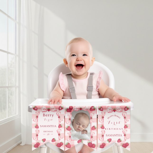Foto röda ginghamslingor bär första flaggor för fl (Photo Red Gingham Bows Berry First Bunting Banner)