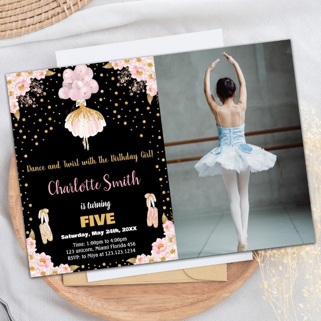 Foto Rosa Black Ballerina Birthday-inbjudningar Inbjudningar (Photo Pink Black Ballerina Birthday Invitations)