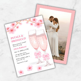 Foto Rosa Blommiga Kronblad & Prosecco Bröllopsfes Inbjudningar
