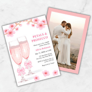 Foto Rosa Blommiga Kronblad & Prosecco Bröllopsfes Inbjudningar