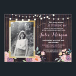 Foto-Rosa-Blommigt på födelsedagen Rustic Wood-inb Inbjudningar<br><div class="desc">Lägg till ditt foto i den här vintagen stil krita inbjudan. Lägg till alla åldrar. Utskrift bakåt ingår.</div>