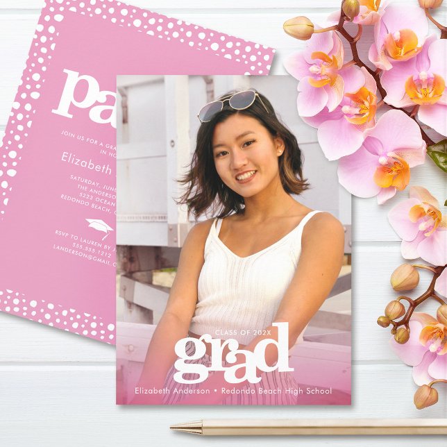 Foto rosa fet modern grad party enkel elegant inbjudningar (Skapare uppladdad)