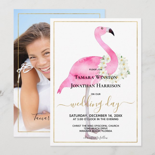 Foto Rosa Flamingo Magnolias Beach Wedding Inbjudningar (Fram/baksida)