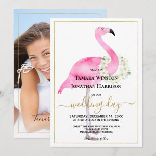 Foto Rosa Flamingo Magnolias Beach Wedding Inbjudningar