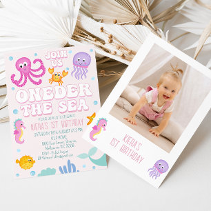 Foto Rosa Girls Oneder Sea First Birthday Inbjudningar