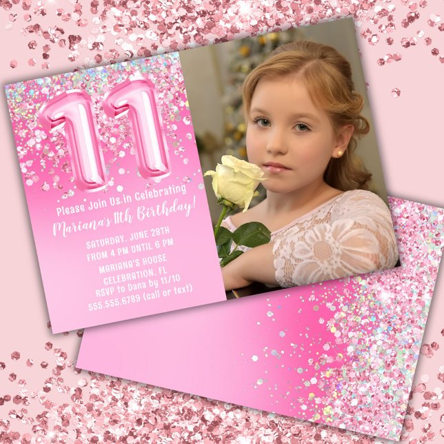 Foto Rosa Glitter 11-årsdag Inbjudningar (Skapare uppladdad)