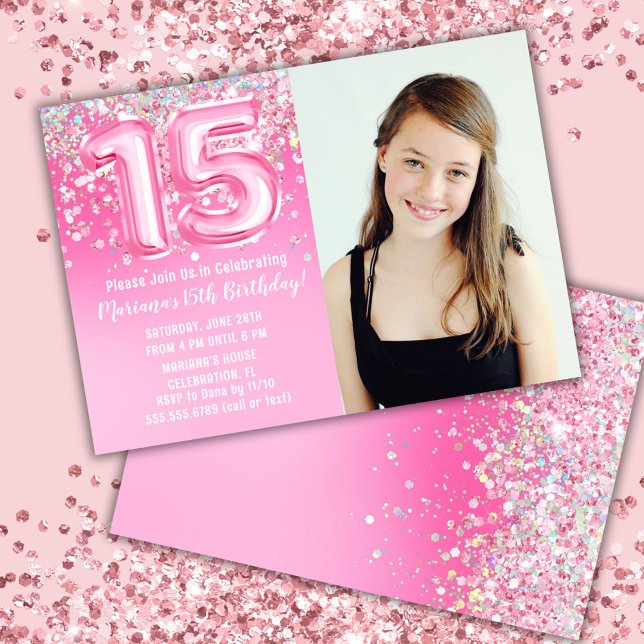Foto Rosa Glitter 15-årsdag Inbjudningar (Skapare uppladdad)