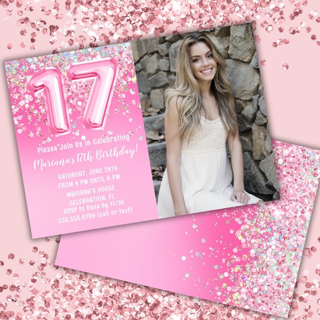 Foto Rosa Glitter 17:e födelsedagen Inbjudningar (Skapare uppladdad)
