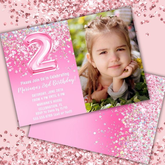 Foto Rosa Glitter 2-års Födelsedag Inbjudningar (Skapare uppladdad)