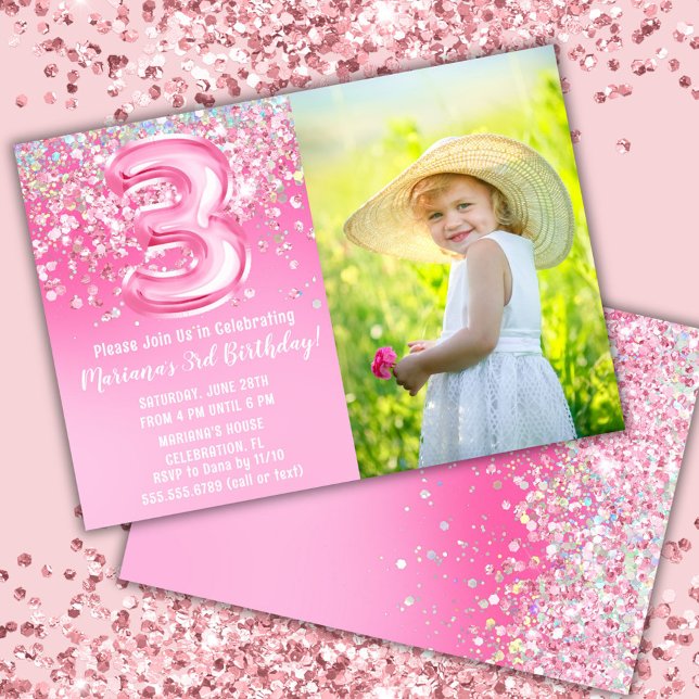 Foto Rosa Glitter 3-årsdag Inbjudningar (Skapare uppladdad)