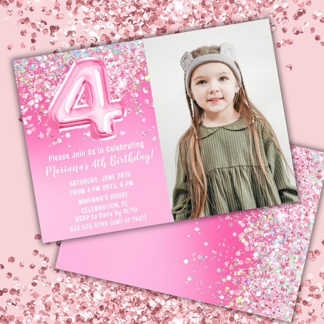 Foto Rosa Glitter 4-års Födelsedag Inbjudningar (Skapare uppladdad)