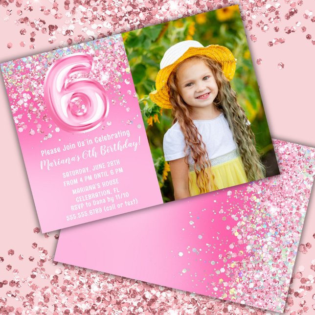 Foto Rosa Glitter 6-årsdag Inbjudningar (Skapare uppladdad)