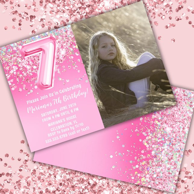 Foto Rosa Glitter 7-årsdag Inbjudningar (Skapare uppladdad)