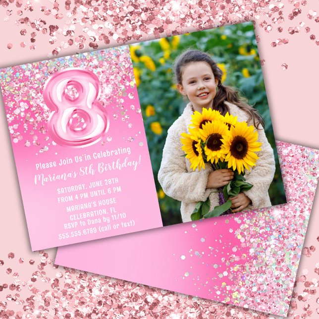 Foto Rosa Glitter 8-årsdag Inbjudningar (Skapare uppladdad)