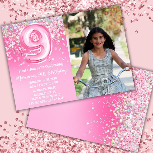 Foto Rosa Glitter 9-årsdag Inbjudningar (Skapare uppladdad)