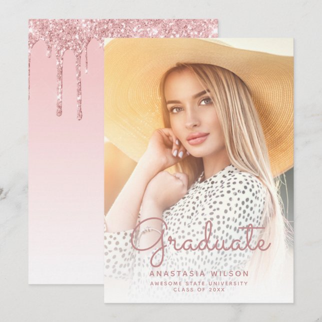 Foto Rosa Glitter Glam Examenstillkännagivande Inbjudningar (Fram/baksida)