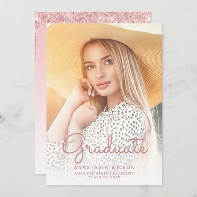 Foto Rosa Glitter Glam Studenten-meddelande Inbjudningar (Fram/baksida)