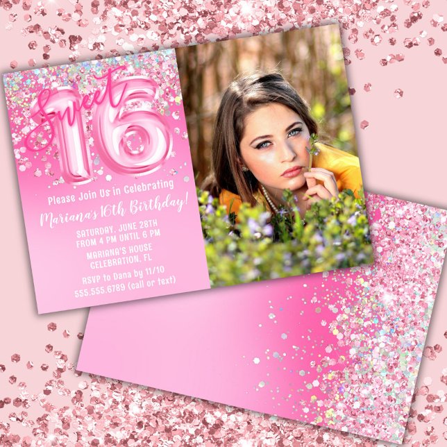 Foto Rosa Glitter Söt 16-årsdag Inbjudningar (Skapare uppladdad)