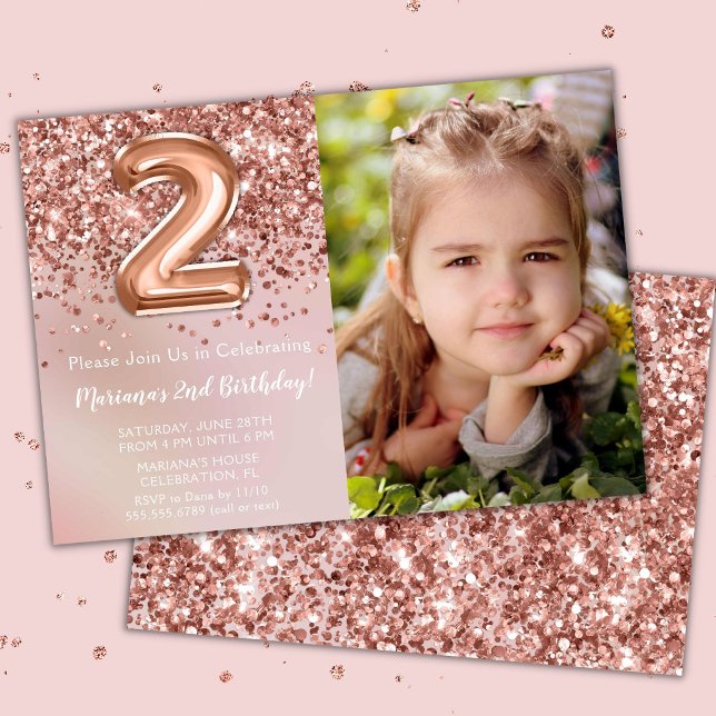 Foto Rosa Guld Barn Flicka 2-års Födelsedagsfirand Inbjudningar (Skapare uppladdad)