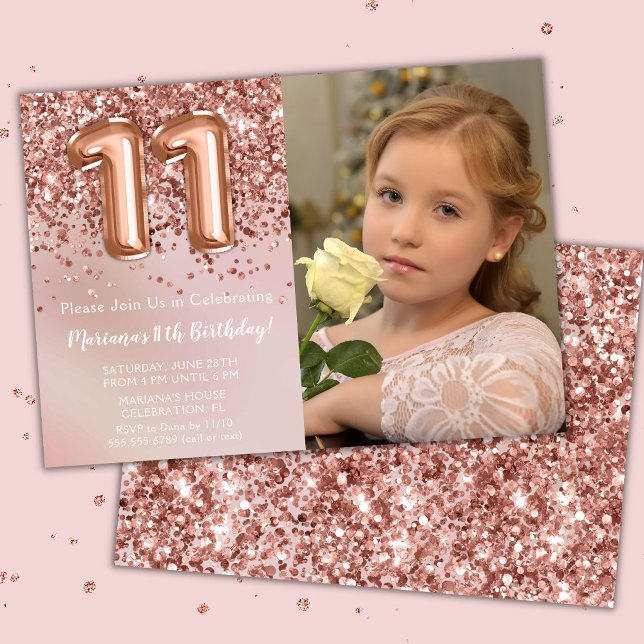 Foto Rosa Guld Barn Tjej 11-årsfest Inbjudningar (Skapare uppladdad)