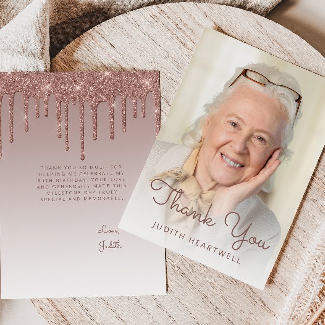 Foto Rosa Guld Glitter Dropp 80-års Födelsedag Tack Kort (Skapare uppladdad)