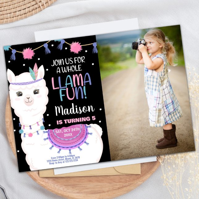 Foto Rosa Llama Roligt Llama Birthday-inbjudningar Inbjudningar (Photo Pink Llama Fun Llama Birthday Invitations)