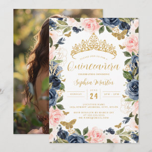 Foto Rosa Navy Blommig Fjäril Quinceanera Inbjudningar