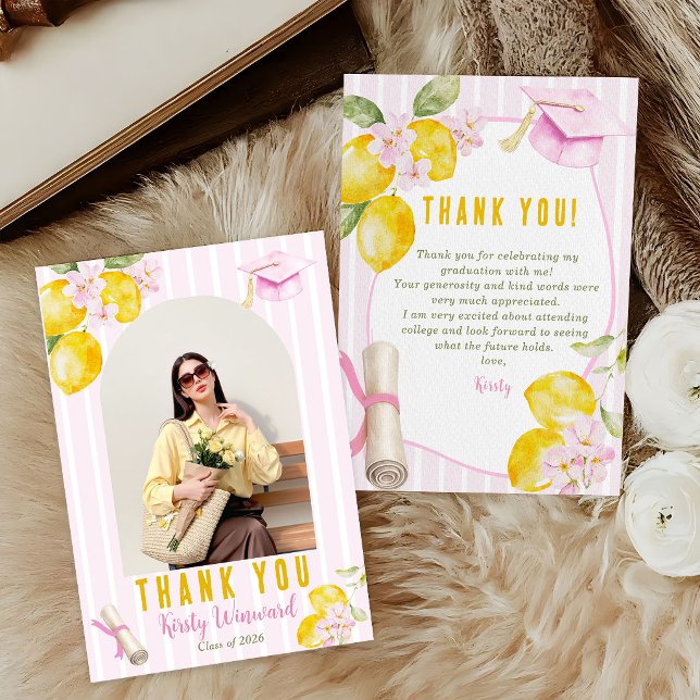Foto Rosa Ränder Citroner och Blommor Examen Tack Kort (Skapare uppladdad)