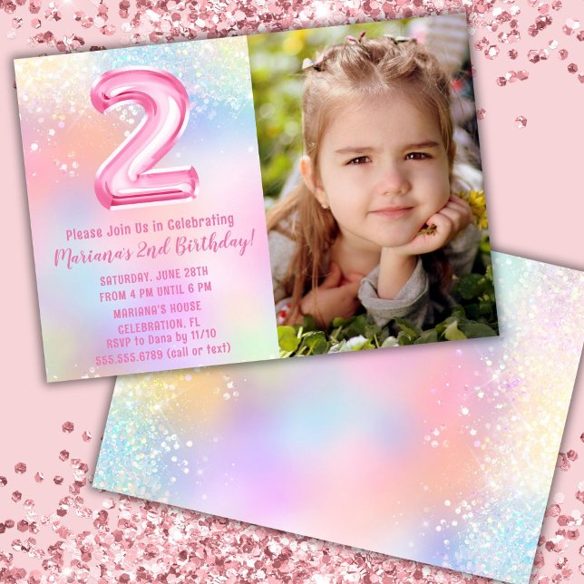 Foto Rosa Regnbåge 2-års Födelsedag Inbjudningar (Skapare uppladdad)
