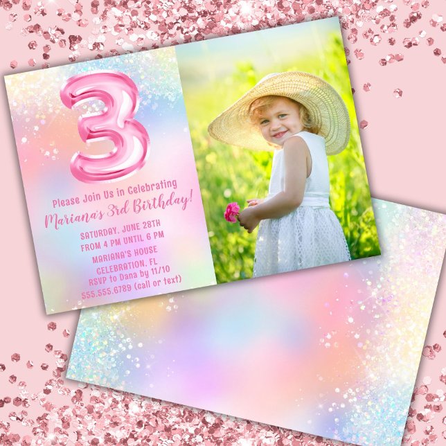 Foto Rosa Regnbåge 3-års Födelsedag Inbjudningar (Skapare uppladdad)