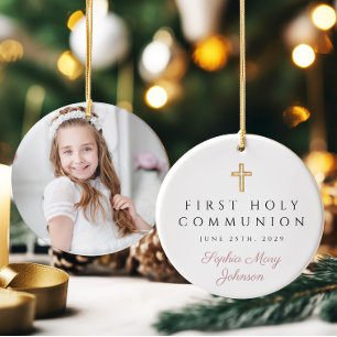 Foto Rosa Religiöst Kors Flicka Första Kommunion Julgransprydnad Keramik