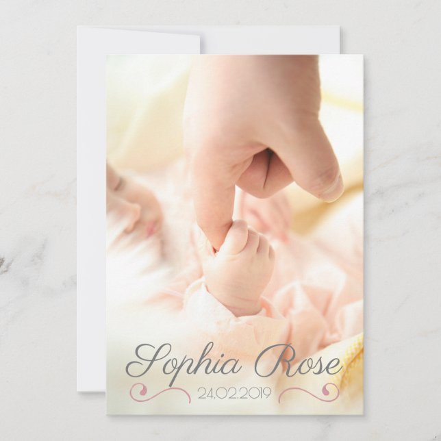 Foto Rosa Virvelmanus Skript Baby Flicka Födelse Meddelande (Framsida)