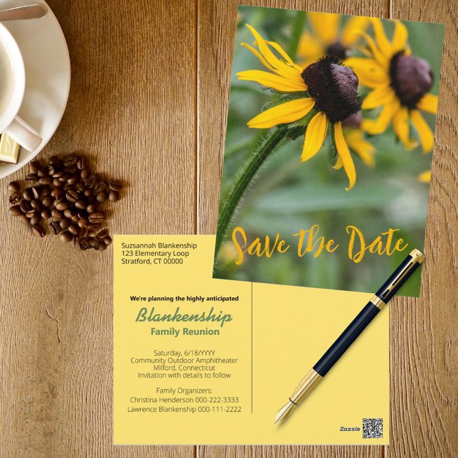 Foto Rudbekia Flower, utbytbart för familjen Vykort (This floral photo family reunion designed SAVE THE DATE announcement also serves as an invitation. )