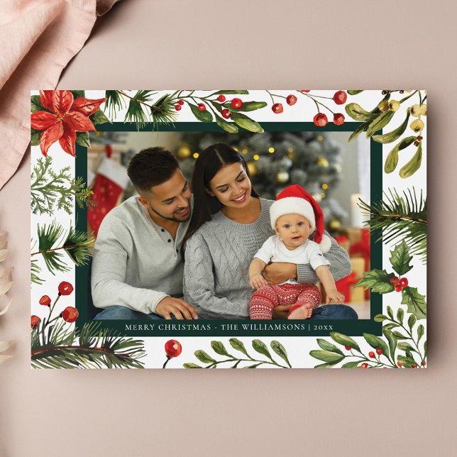Foto Rustic Tartan från den inlagda Blommigten Julkort (Family Photo Christmas Holiday Rustic Plaid Greetings Card)