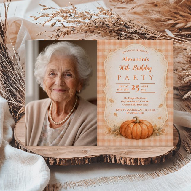 Foto Rustik Pumpa Blommig 90-årsdag Inbjudningar (Skapare uppladdad)