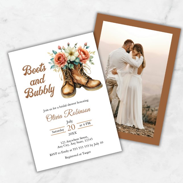 Foto Rustika Bröllopsdusch för Boots och Bubbly Inbjudningar (Photo Rustic Boots and Bubbly Bridal Shower Invitation )