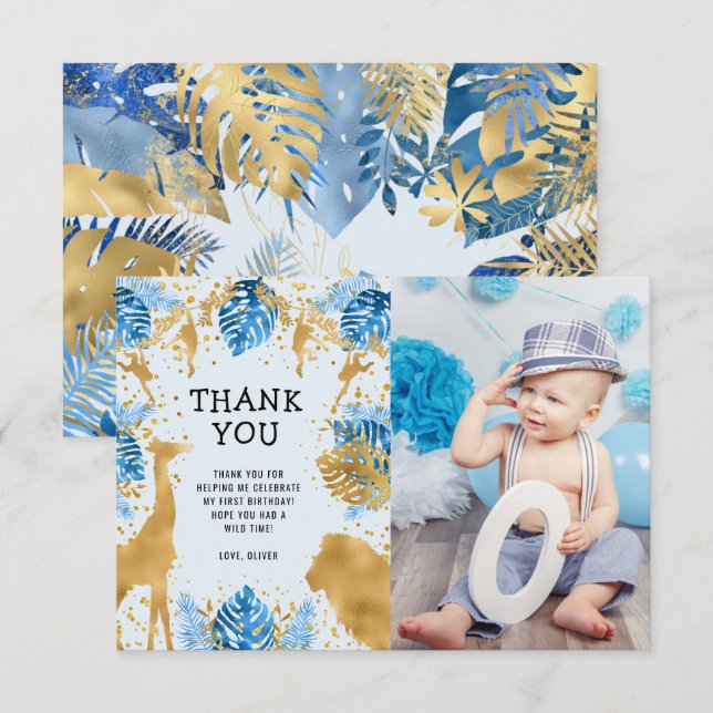 Foto Safari Blue 1-års födelsedags tackkort Inbjudningar (Fram/baksida)