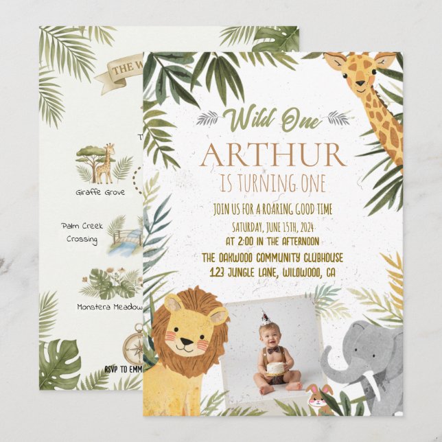 Foto Safari Wild One 1-års födelsedagsinbjudan Inbjudningar (Fram/baksida)