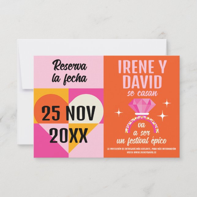 Foto Save the Date Anillo Festival Naranja y Rosa Spara Datumet (Framsida)
