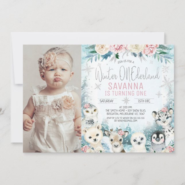 Foto Silver Arktiska vinter Onederland Birthday Inbjudningar (Framsida)