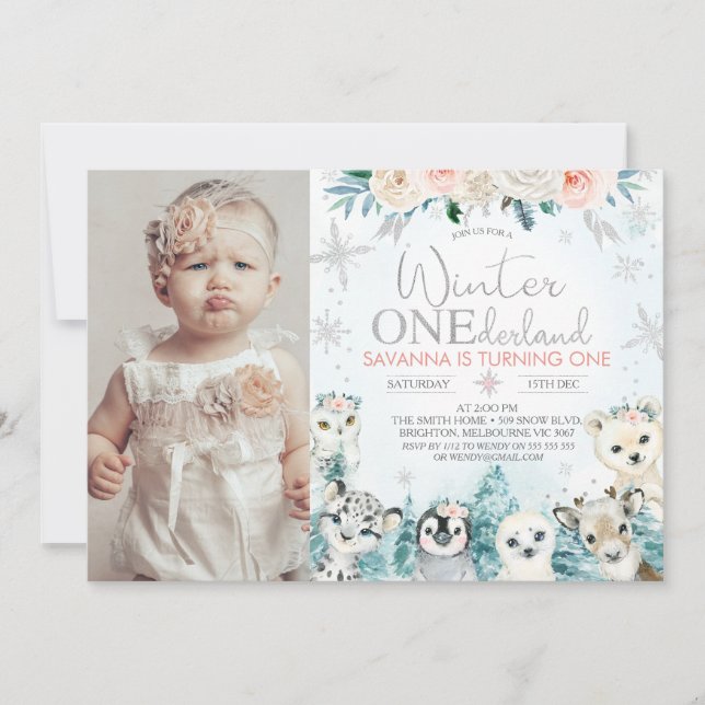 Foto Silver Arktiska vinter Onederland Birthday Inbjudningar (Framsida)