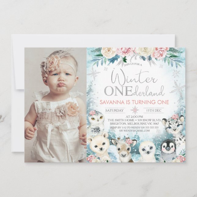 Foto Silver Arktiska vinter Onederland Birthday Inbjudningar (Framsida)