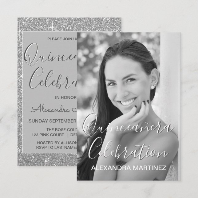 Foto silver Glitter - Quinceanera Firande Inbjudningar (Fram/baksida)