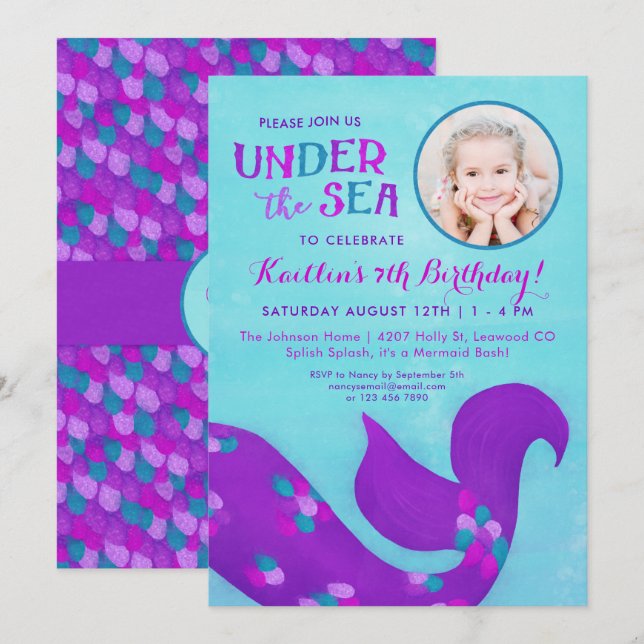 Foto Sjöjungfru Birthday bjudits in "under the Sea Inbjudningar (Fram/baksida)