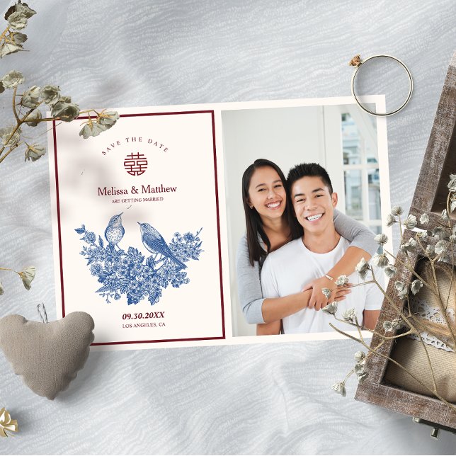 Foto Skat Magpie Blommig Kinesisk Bröllopsinbjudan Inbjudningar (Photo Magpie Floral Chinese Wedding Save the Date Invitation)