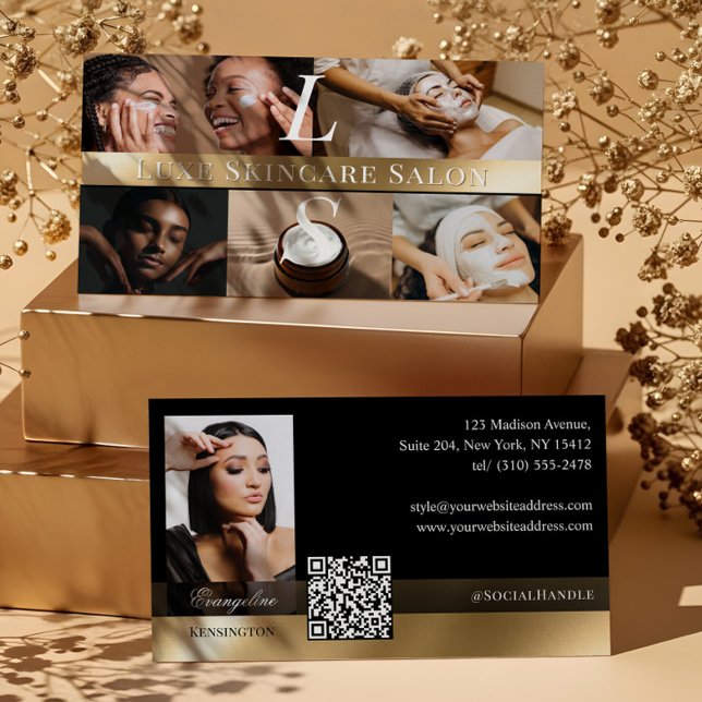 Foto Skincare Estetiker Monogram Svart Guld Visitkort (Photo Skincare Esthetician Monogram Black Gold Business Card)