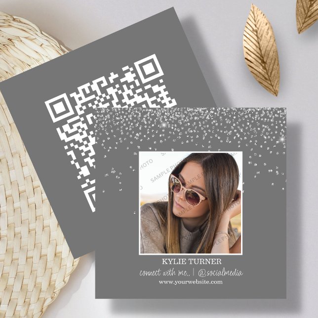 Foto | Social Media | GRÅTT GLITTER | QR-kod Fyrkantigt Visitkort (Skapare uppladdad)
