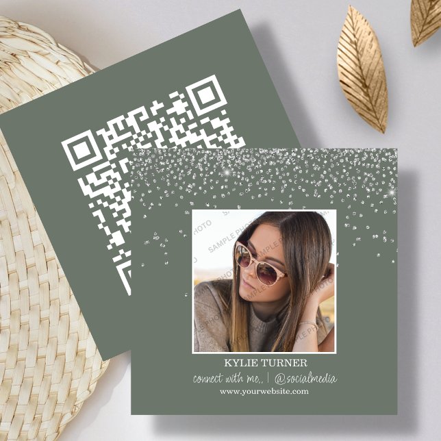 Foto | Social Media | Sage Glitter | QR-kod Fyrkantigt Visitkort (Skapare uppladdad)
