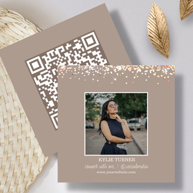 Foto | Social Media | Tan Glitter | QR-kod Fyrkantigt Visitkort (Skapare uppladdad)