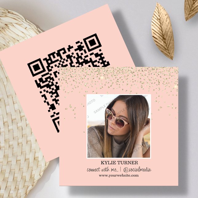 Foto | Sociala Medier | Peach Glitter | QR-kod Fyrkantigt Visitkort (Skapare uppladdad)